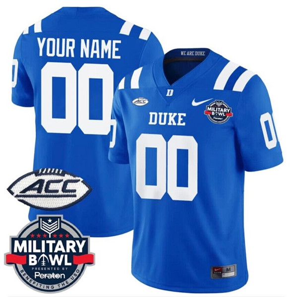 Men's Duke Blue Devils Active Player Custom Blue 2023 F.U.S.E. Military Bowl & NC State Patch Stitched Football Jersey